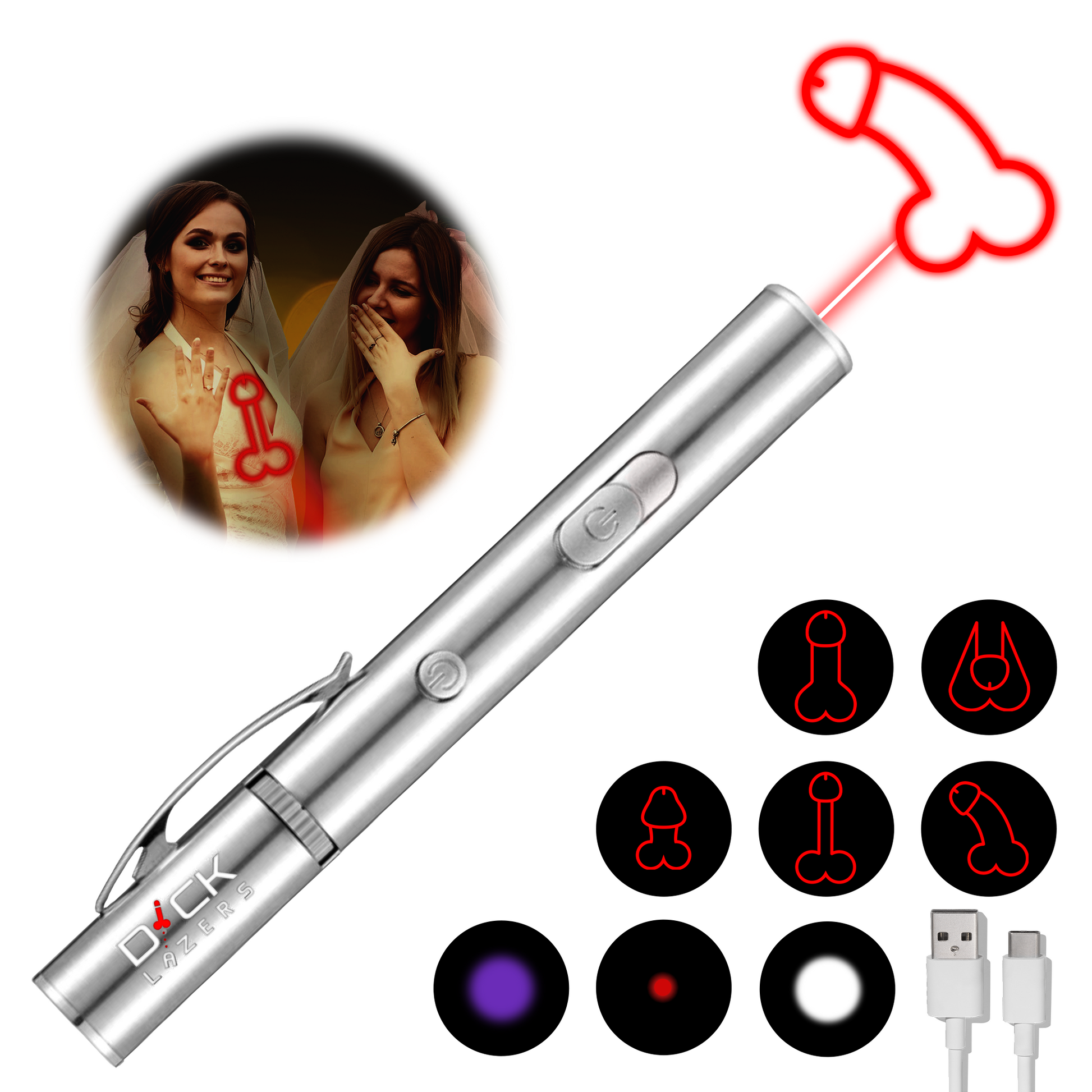 HIGH QUALITY & FUNCTIONAL: The red dot laser is useful for presentations, flashlight feature omits high-powered white light, and blacklight feature is great for inspecting money, ID's and more. It's made from lightweight stainless steel and comes with a USB charger. 1.4 oz, 5 in.  Image of bachelorette party, the dick lazer flashlight / laser shooting a dick.