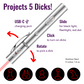 Infographic of the Dick Lazers. Rotate to pick 5 dicks, Click to turn on dicks, Slide for black light, flashlight, red dot. USB-C Charging port and cord included. Projects 5 Dicks!